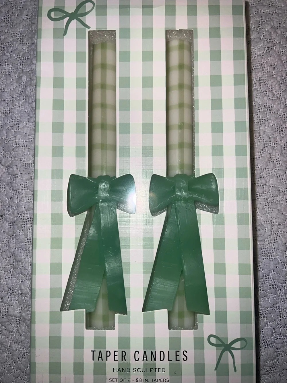 Anthropologie Green Gingham Bow Taper Candles - Set of 2